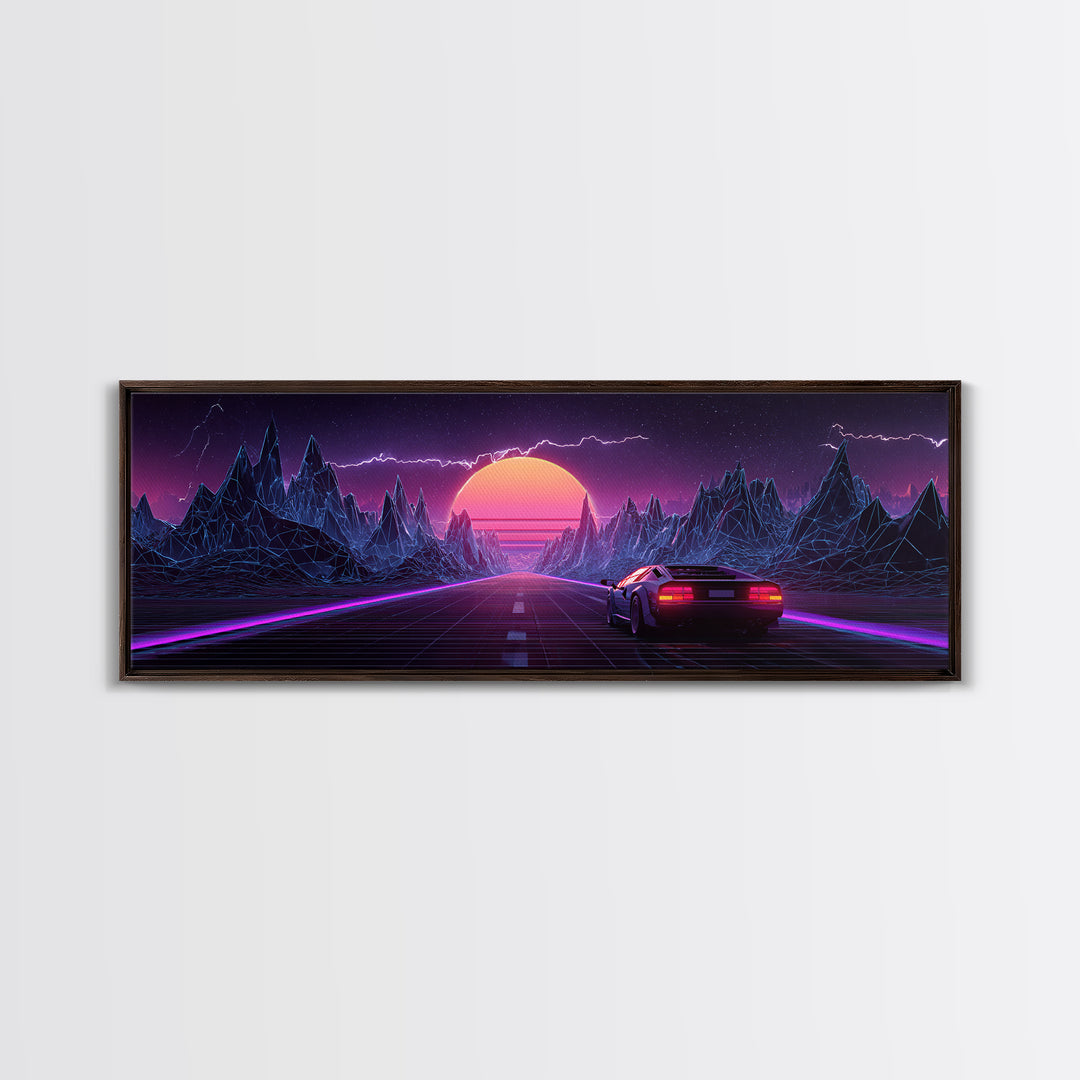 Synthwave Mountain Highway Canvas Print, Retro Futuristic Car Wall Art, Neon Gaming Room Decor, Vaporwave Poster, Cyberpunk Gift For Him