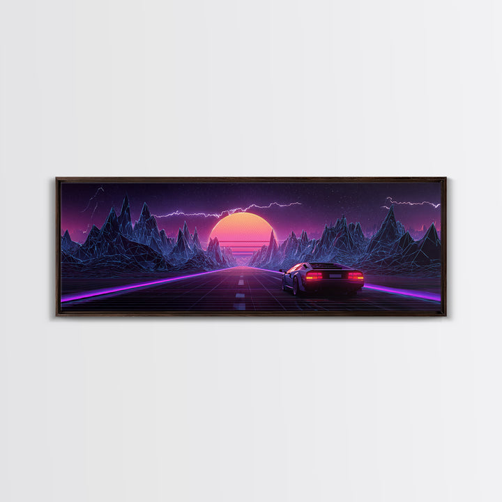 Synthwave Mountain Highway Canvas Print, Retro Futuristic Car Wall Art, Neon Gaming Room Decor, Vaporwave Poster, Cyberpunk Gift For Him
