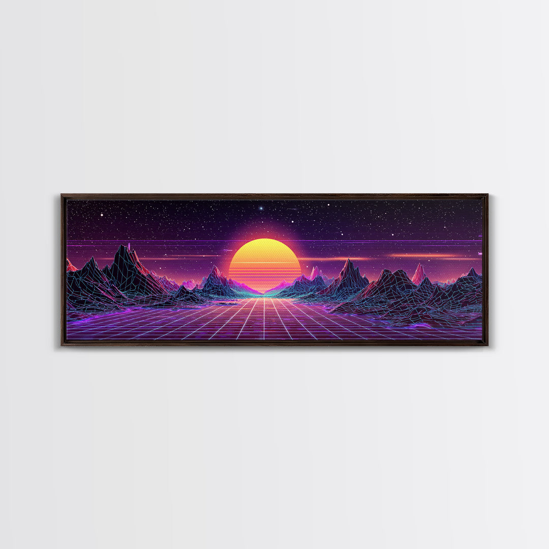 Retro Futuristic Mountain Grid Sunset Canvas Print, Synthwave Wall Art, Neon Vaporwave Decor For Game Room Or Dorm Room Decor