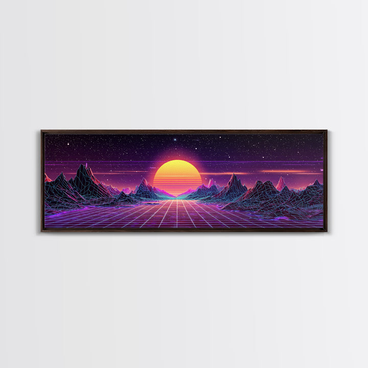Retro Futuristic Mountain Grid Sunset Canvas Print, Synthwave Wall Art, Neon Vaporwave Decor For Game Room Or Dorm Room Decor