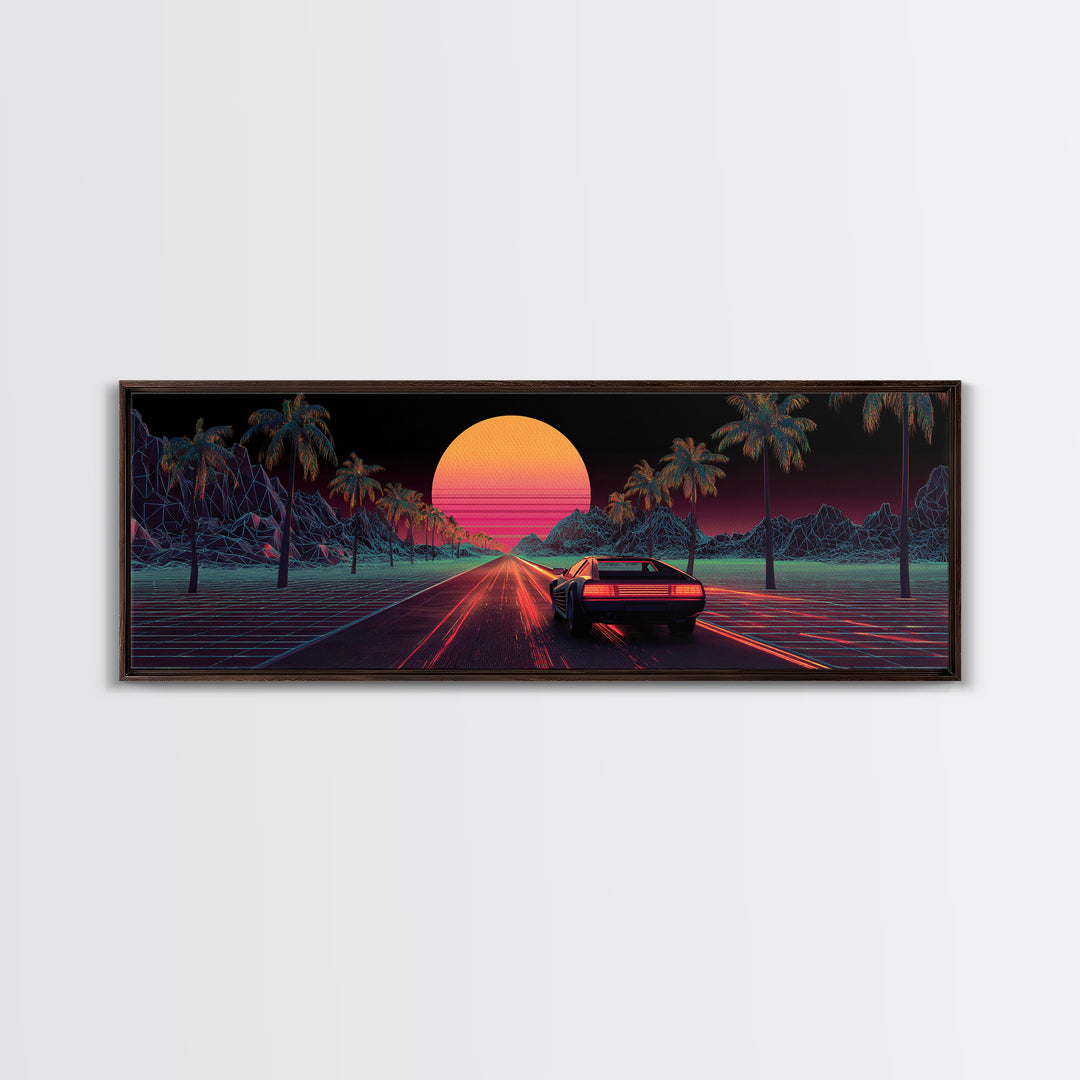 Retro Synthwave Car On Neon Palm Road Wall Art, 80s Vaporwave Canvas Print, Futuristic Cityscape Home Decor Poster For Living Room