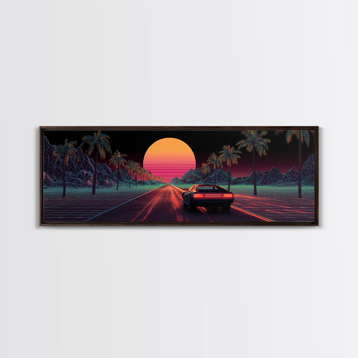 Retro Synthwave Car On Neon Palm Road Wall Art, 80s Vaporwave Canvas Print, Futuristic Cityscape Home Decor Poster For Living Room