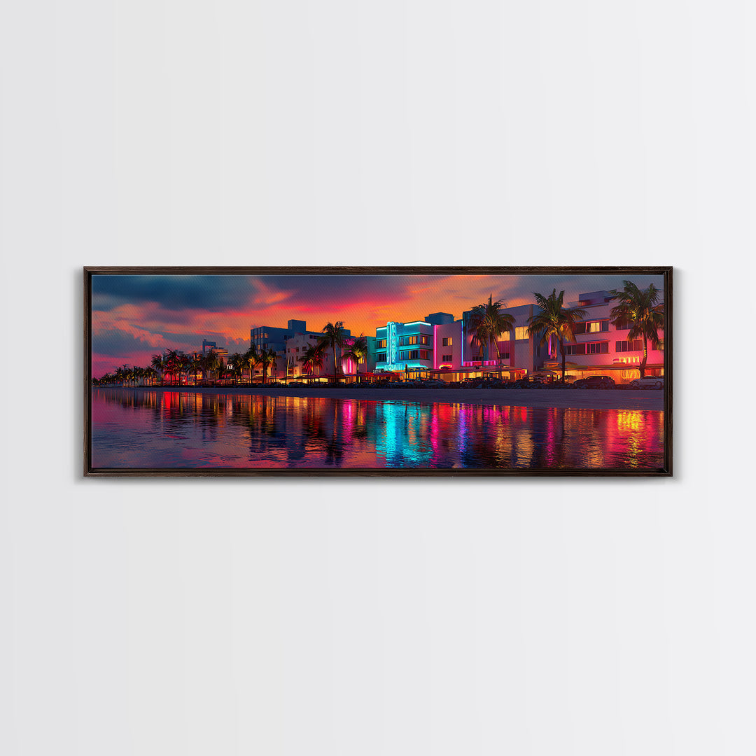 Vibrant Neon Miami Waterfront At Sunset Canvas Print, Tropical Palm City Wall Art, Coastal Home Decor, Art Deco Travel Poster Gift