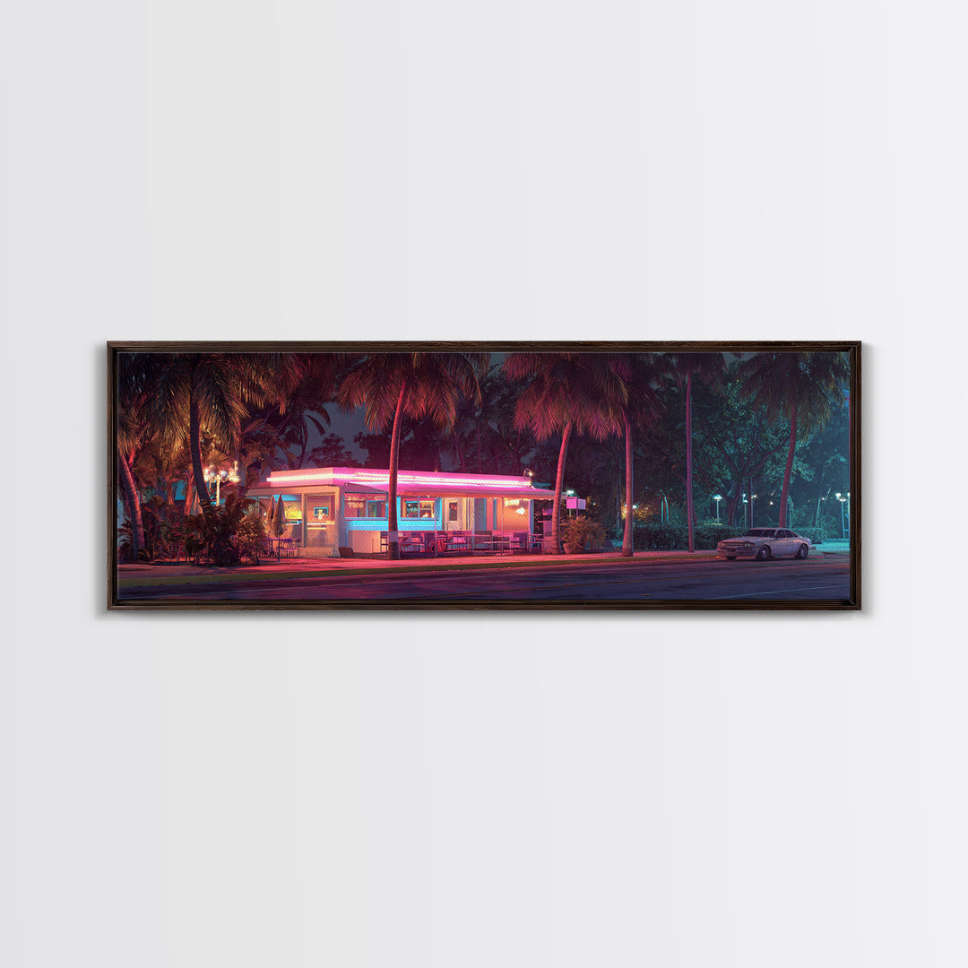 Neon Retro Diner At Night Framed Canvas Print, Cyberpunk Wall Art For Kitchen Bar Decor, Miami Vaporwave Home Decor Poster