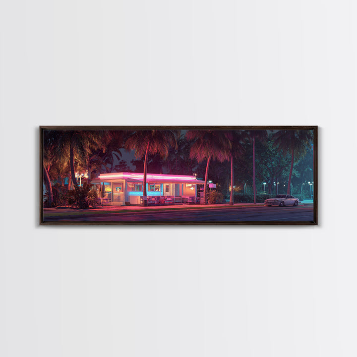 Neon Retro Diner At Night Framed Canvas Print, Cyberpunk Wall Art For Kitchen Bar Decor, Miami Vaporwave Home Decor Poster
