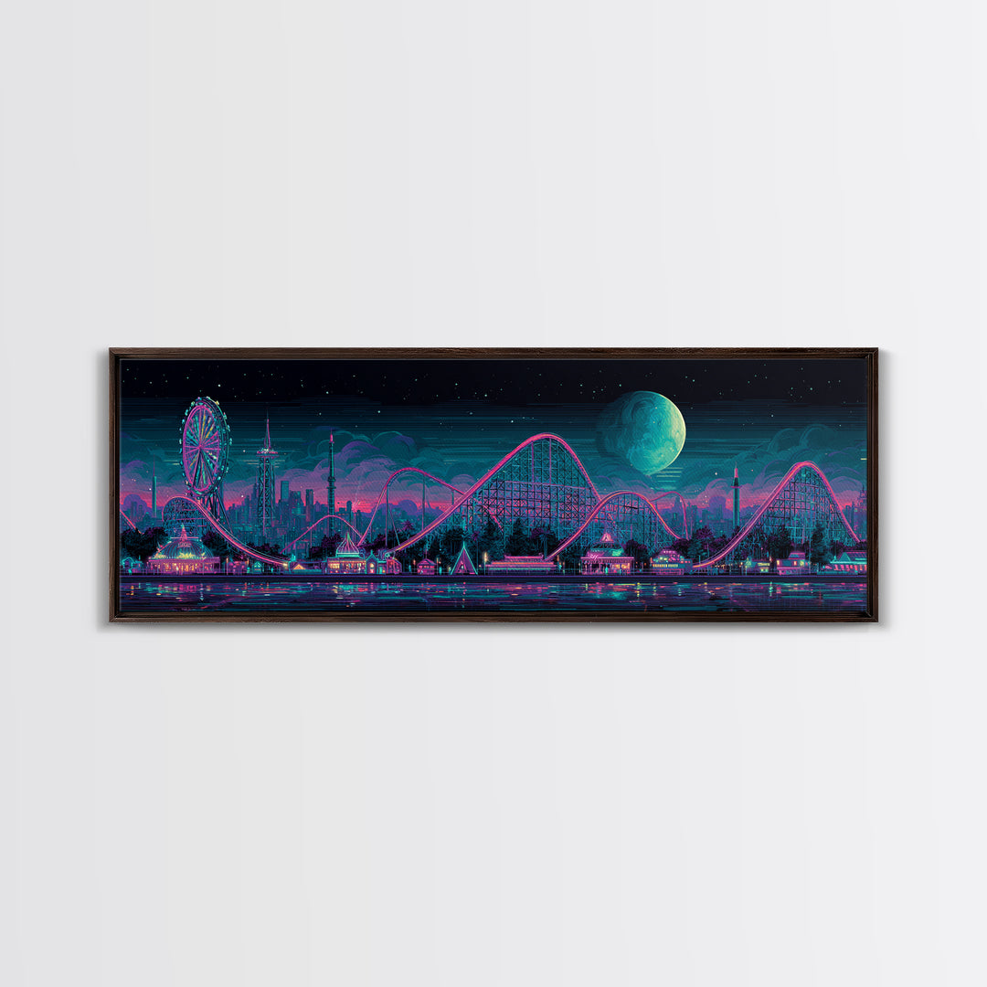 Neon Roller Coaster Park Canvas Print, Retro Futuristic Skyline With Moon, Modern Cyberpunk Neon City Game Room Wall Art Decor