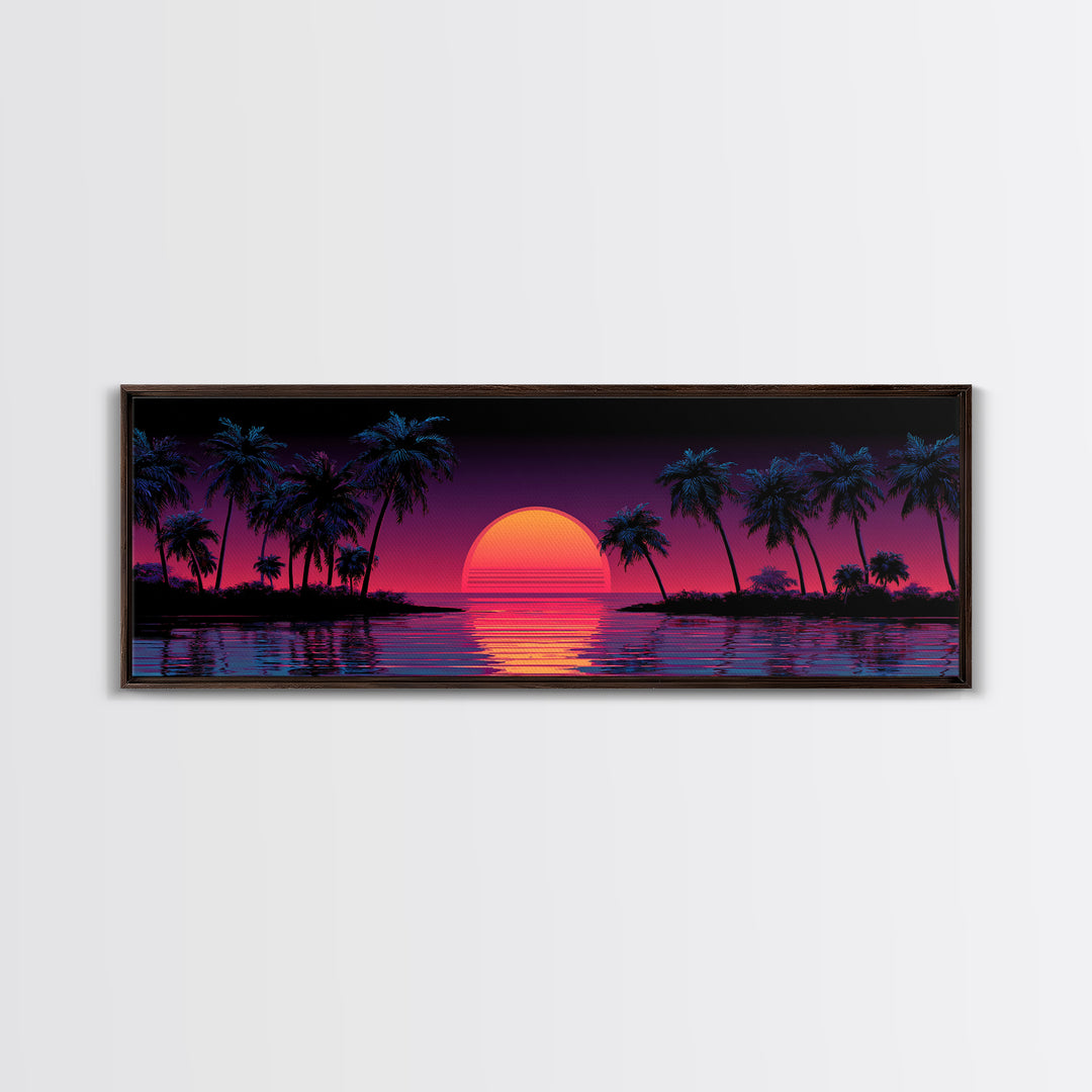 Neon Tropical Sunset Canvas Print, Retro Palm Tree Wall Art, Vaporwave Beach Decor, Coastal Summer Living Room Art, Large Poster