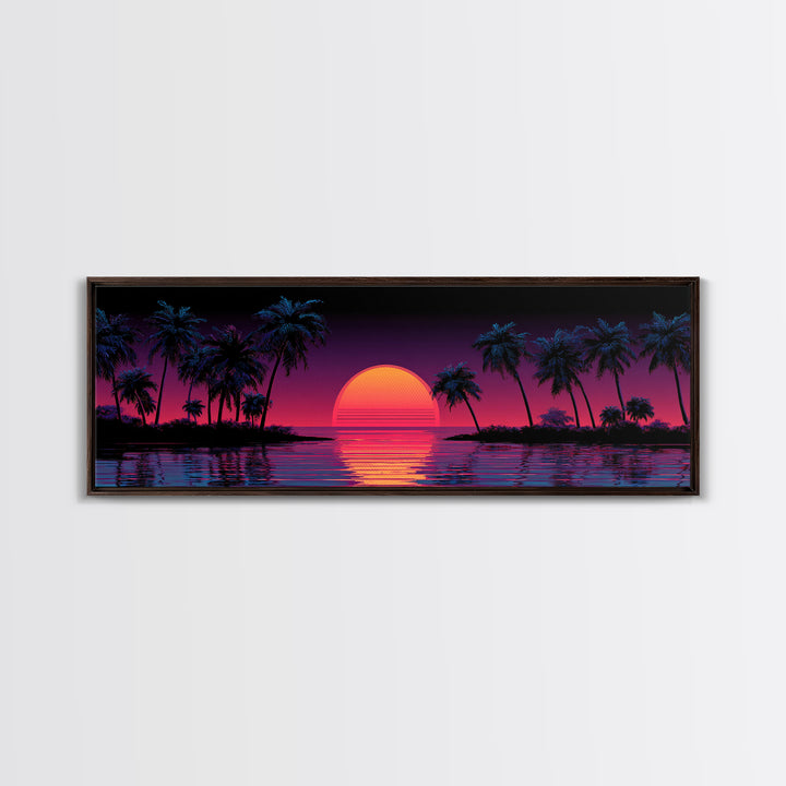 Neon Tropical Sunset Canvas Print, Retro Palm Tree Wall Art, Vaporwave Beach Decor, Coastal Summer Living Room Art, Large Poster