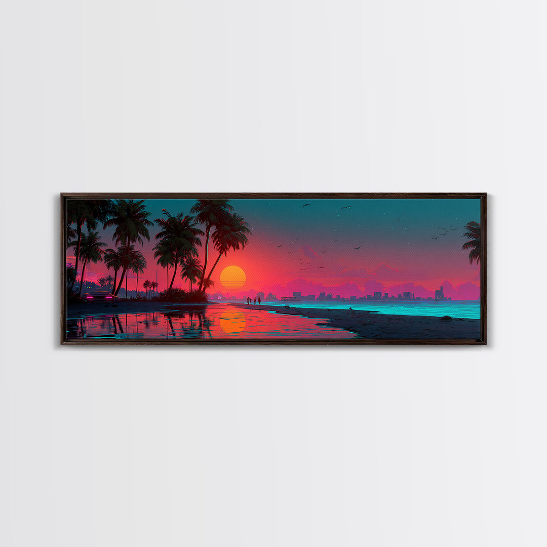 Neon Tropical City Beach Sunset Wall Art, Synthwave Ocean Skyline, Retro Futuristic Large Horizontal Coastal Living Room Decor