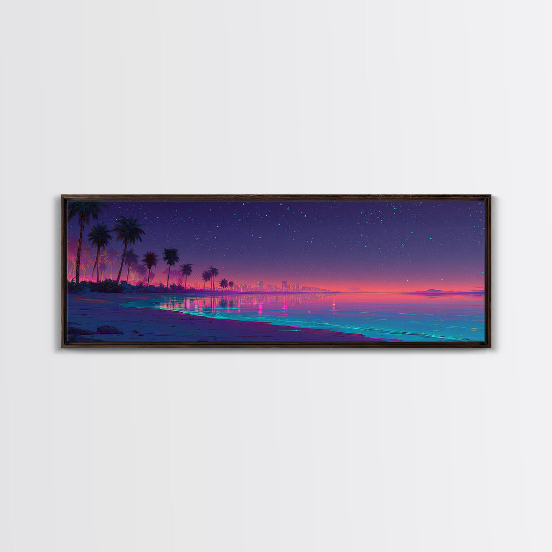 Neon Tropical Beach Skyline Under Stars, Coastal Canvas Print, Cityscape Wall Art, Beach House Decor, Modern Home Decor Print