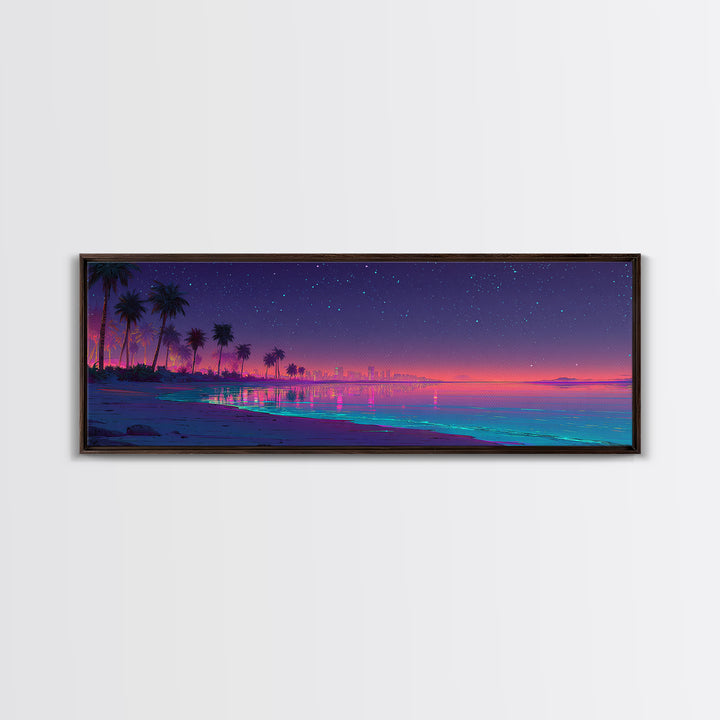 Neon Tropical Beach Skyline Under Stars, Coastal Canvas Print, Cityscape Wall Art, Beach House Decor, Modern Home Decor Print