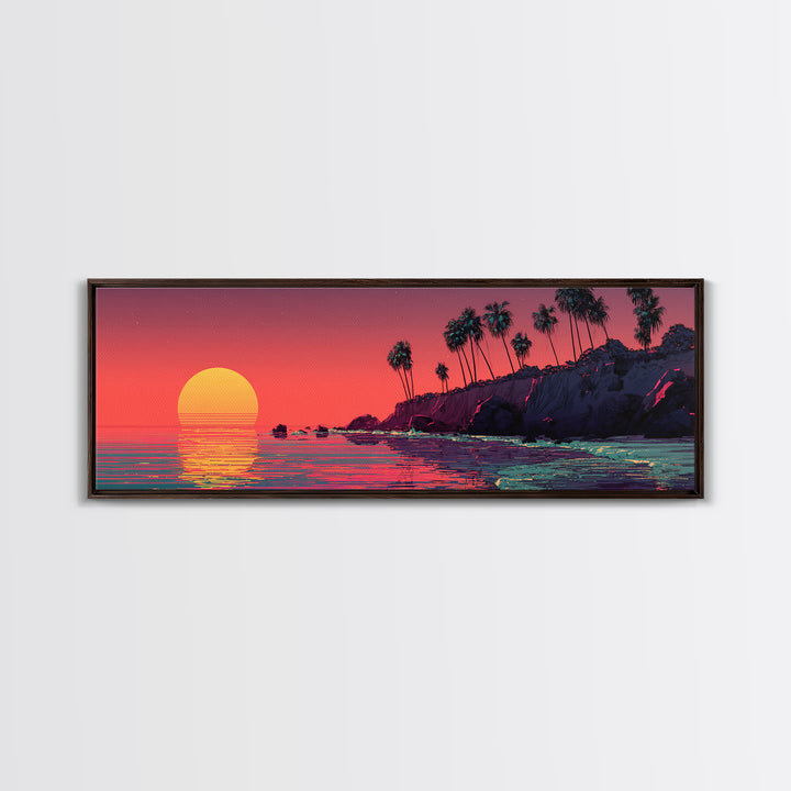 Retro Pixel Palm Beach Sunset Wall Art, Vaporwave Ocean Landscape Print, Tropical Coastal Decor, Long Horizontal Canvas Print