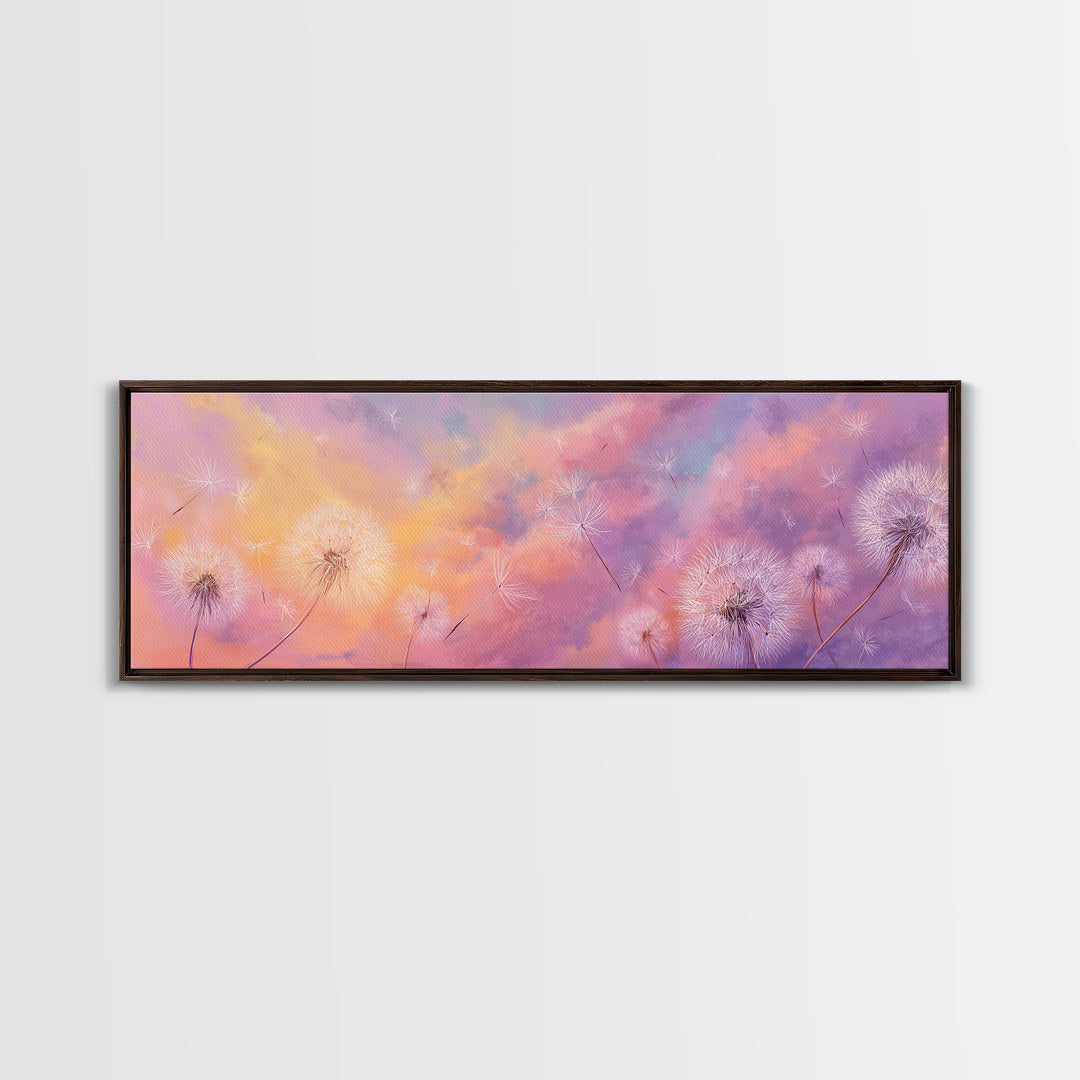 Pastel Dandelion Wishes Wall Art, Dreamy Wildflower Sky Print, Soft Floral Nursery Decor, Whimsical Bedroom Canvas Art, Gift For Her