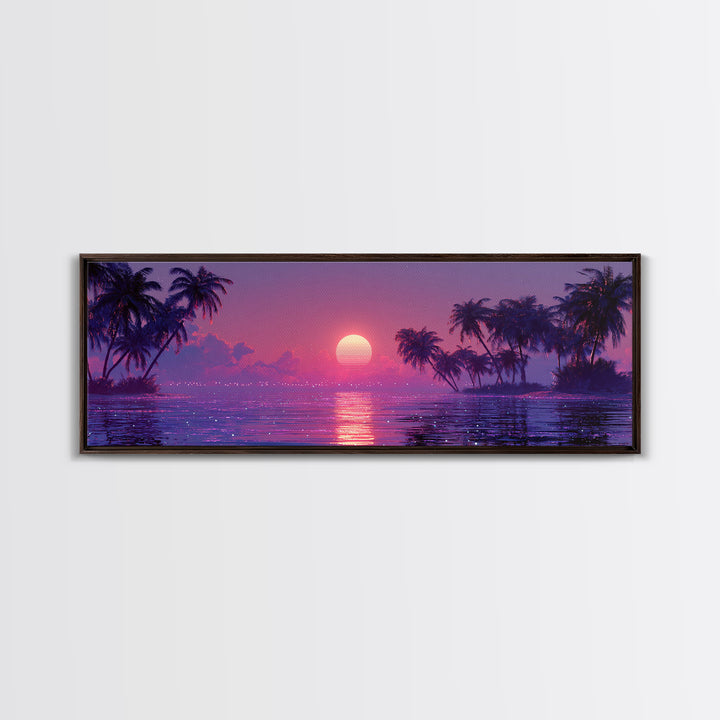 Retro Tropical Sunset Lagoon With Palm Trees Canvas Print, Vaporwave Ocean Wall Art, Coastal Decor, Beach House Gift For Her