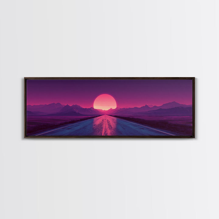 Magenta Desert Road Wall Art, Retro Futuristic Mountain Sunset Canvas Print, Synthwave Decor, Large Horizontal Wall Art Print