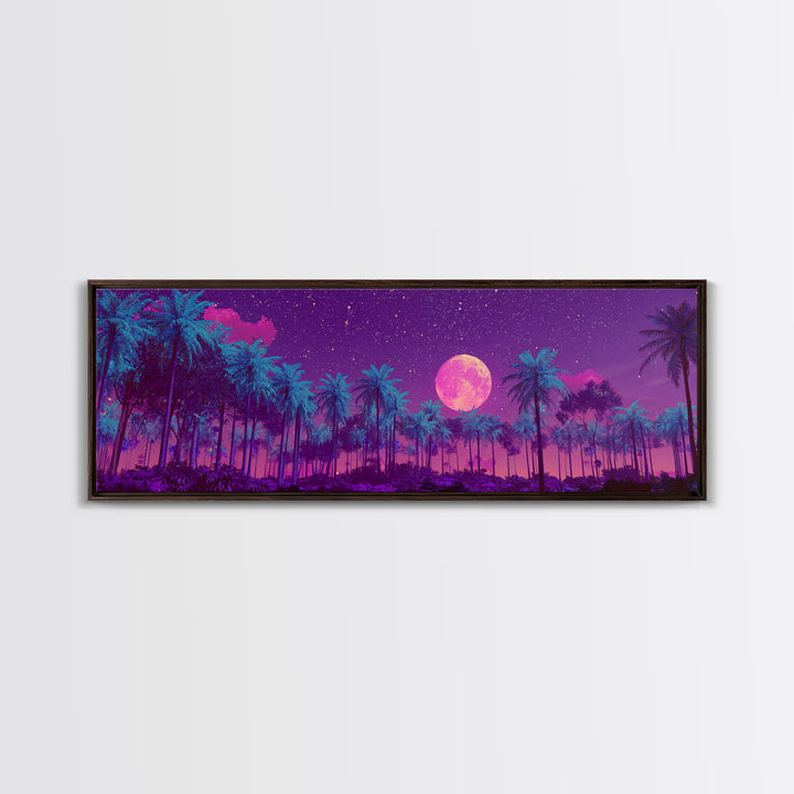Magenta Moonlit Palm Forest Wall Art, Tropical Night Landscape, Celestial Decor, Purple Jungle, Boho Bedroom Wall Decor, Canvas Print