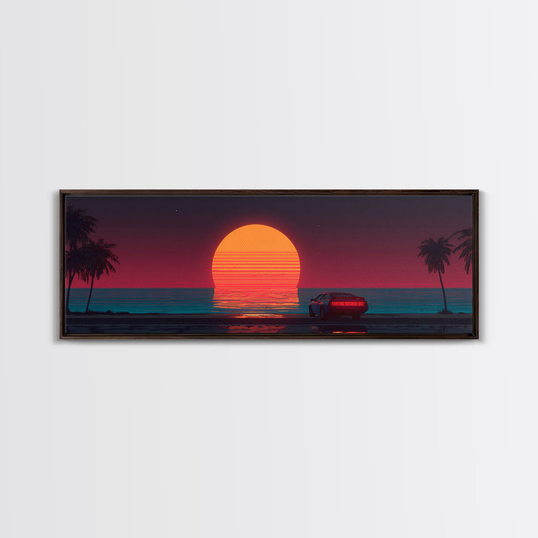 Retro Car At Neon Ocean Sunset Canvas Print, Synthwave Wall Art, Vaporwave Beach Decor, Masculine Office Art Gift For Him
