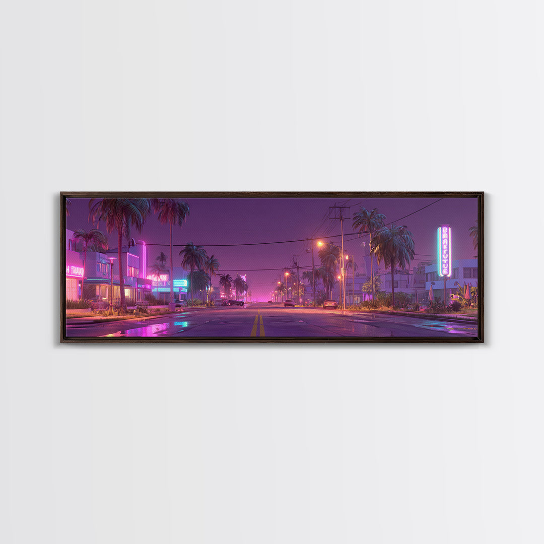 Neon Palm Street At Dusk Canvas Print, Retro Miami Cityscape, Cyberpunk Wall Art, Vaporwave Decor For Living Room Modern Home Decor
