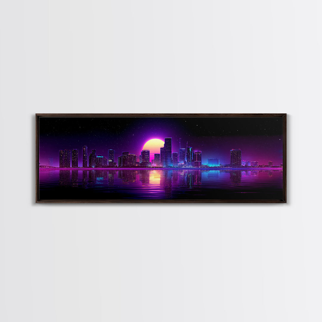 Neon City Skyline Moonrise Canvas Print, Purple Cyberpunk Wall Art, Miami Nightscape, Vaporwave Living Room Modern Home Decor
