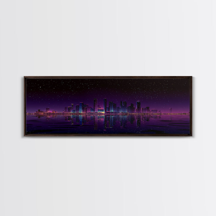 Starry Purple City Skyline Canvas Print, Panoramic Urban Night Wall Art, Modern Office Decor, Large Cityscape Poster Print