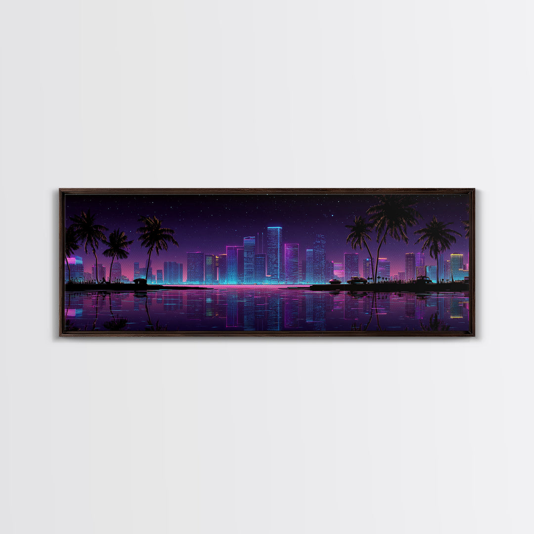 Neon Tropical City Skyline Canvas Print, Cyberpunk Wall Art With Palm Trees, Vaporwave Decor For Gaming Room And Apartment Decor