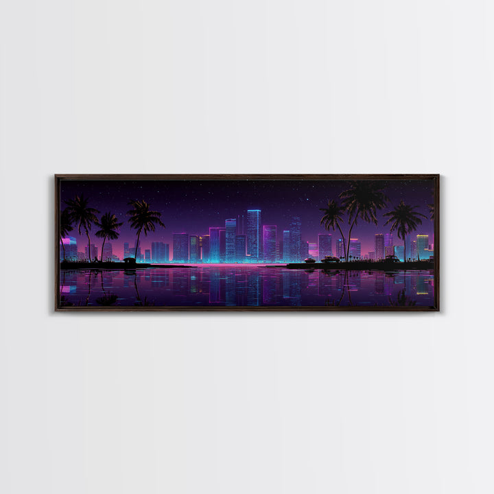 Neon Tropical City Skyline Canvas Print, Cyberpunk Wall Art With Palm Trees, Vaporwave Decor For Gaming Room And Apartment Decor