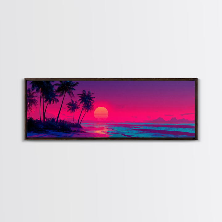 Tropical Palm Beach Sunset Wall Art, Neon Coastal Canvas Print, Pink Ocean Decor, Retro Island Housewarming Gift For Her