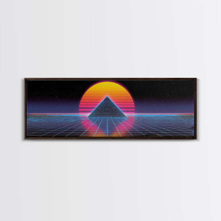 Neon Pyramid Grid Wall Art, Retro Futuristic Space Canvas Print, Synthwave Gaming Room Decor, Vaporwave Statement Art Gift