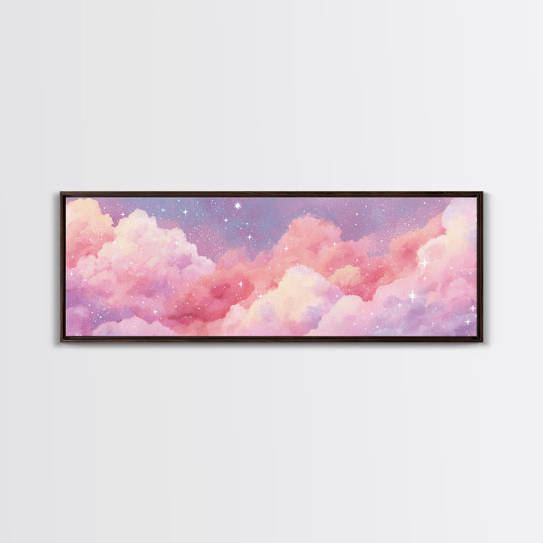 Pink Cotton Candy Clouds Wall Art, Dreamy Celestial Sky Print, Starry Nursery Decor, Pastel Bedroom Canvas Art Gift For Her