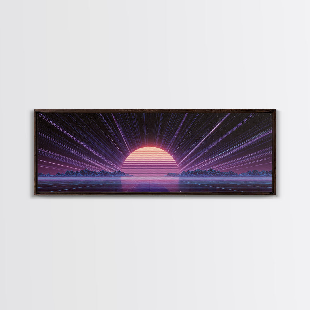 Retro Futuristic Sun Over Neon Lake Canvas Print, Synthwave Wall Art, Vaporwave Poster, Gaming Room Decor, Cyberpunk Gift