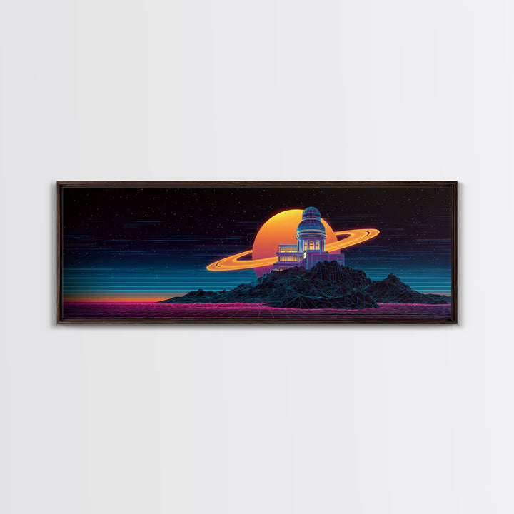 Retro Futuristic Observatory On Ringed Planet Canvas Print, Sci Fi Wall Art, Space Decor, Vaporwave Poster For Game Room
