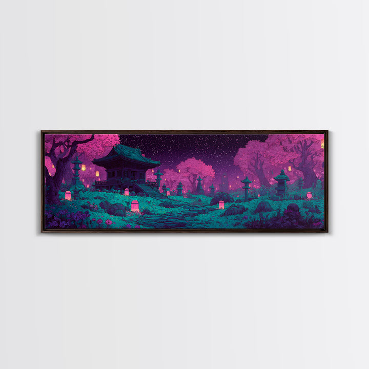 Pixel Art Cherry Blossom Shrine Wall Art, Japanese Garden Canvas Print, Whimsical Lantern Decor For Maximalist Room Wall Decor