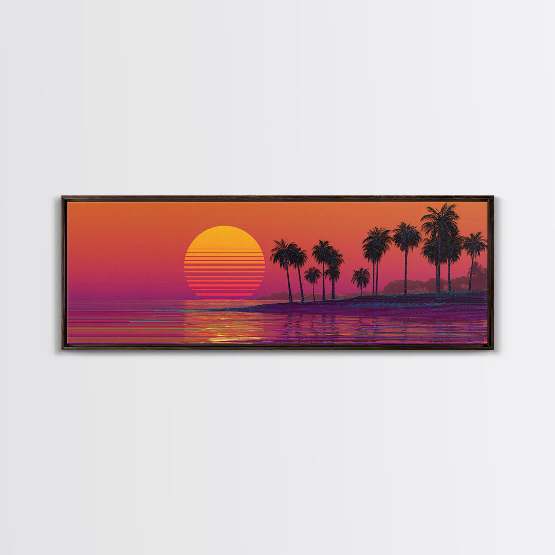 Retro Palm Beach Sunset Canvas Print, Tropical Ocean Wall Art, Vaporwave Coastal Decor For Living Room And Bedroom Wall Decor