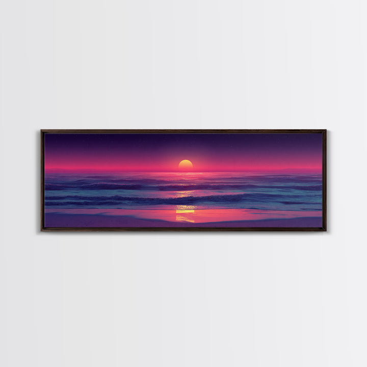 Pink Ocean Sunset Beach Canvas Print, Neon Seascape Wall Decor, Coastal Wall Art, Summer Beach House Living Room Decor Print