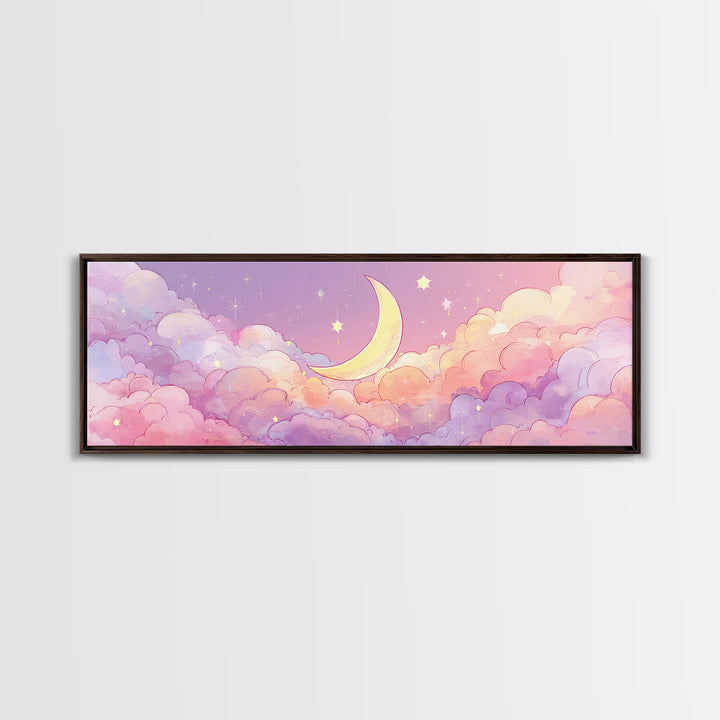 Cute Crescent Moon In Pastel Clouds Wall Art, Whimsical Celestial Nursery Decor, Pink Kids Room Canvas Print, Baby Shower Gift