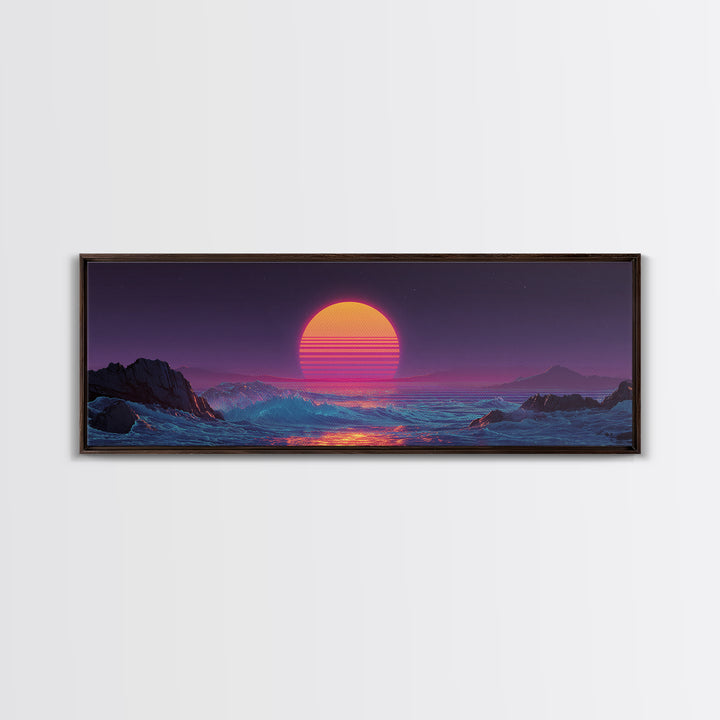 Neon Synthwave Sunset Over Alien Ocean Canvas Print, Retro Futuristic Wall Art, Vaporwave Coastal Bedroom Living Room Decor