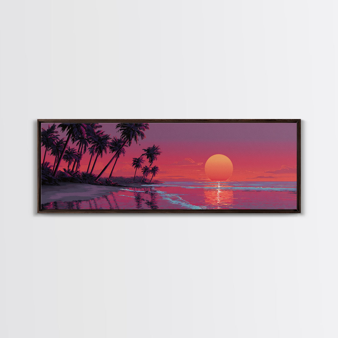 Tropical Palm Beach Sunset Wall Art, Pink Ocean Landscape, Coastal Canvas Decor, Large Horizontal Beach House Living Room Print