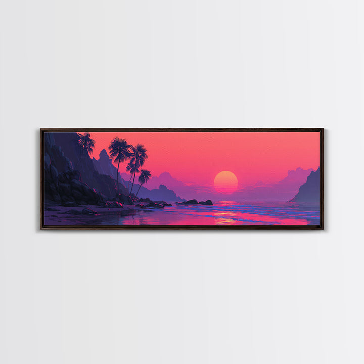 Magenta Tropical Cove Sunset Wall Art, Palm Island Ocean Landscape, Vaporwave Coastal Canvas Decor For Modern Living Room
