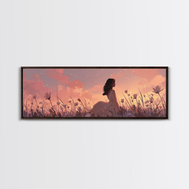 Sunset Girl In Wildflower Meadow Wall Art, Dreamy Feminine Landscape Print, Boho Bedroom Decor, Romantic Canvas Gift For Her