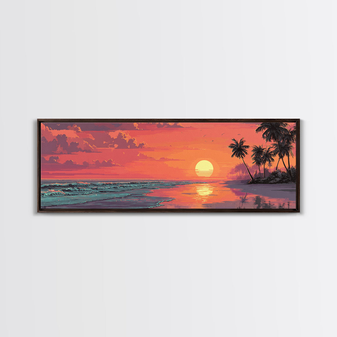 Pink Tropical Beach Sunset With Palm Trees Wall Art, Coastal Canvas Print, Ocean Decor, Summer Beach House Wall Decor, Living Room Art
