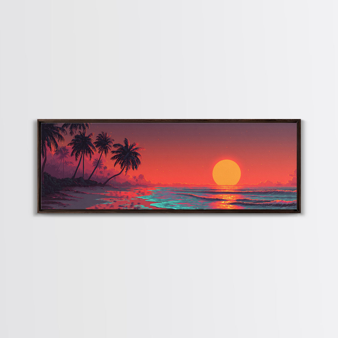 Tropical Palm Beach Sunset Wall Art, Ocean Canvas Print, Coastal Decor, Beach House Decor, Vibrant Living Room Art, Large Horizontal Art