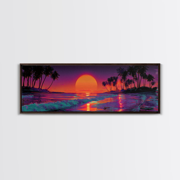 Tropical Sunset Beach With Palms And Waves, Coastal Wall Art, Retro Vaporwave Canvas Print, Beach House Decor, Large Wall Art