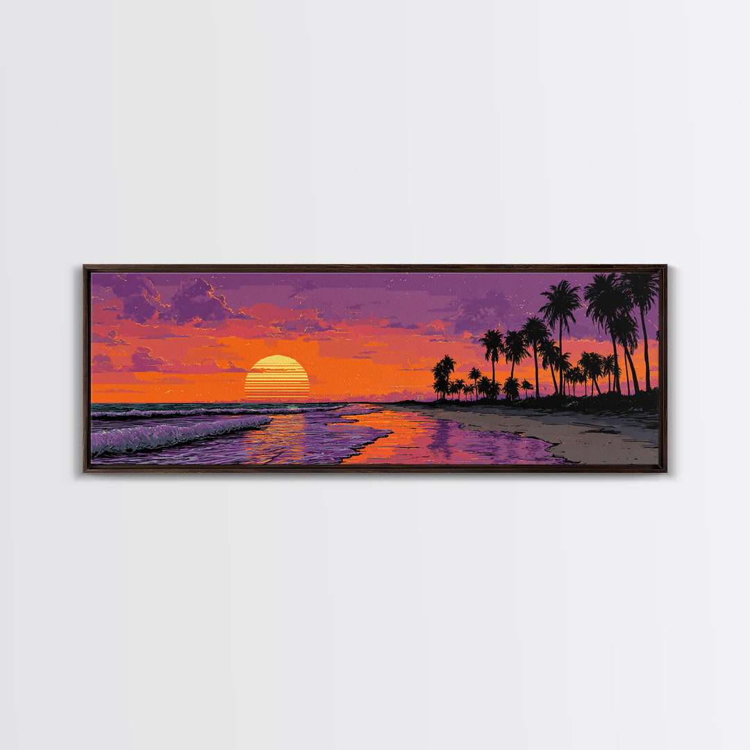 Pixel Tropical Beach Sunset With Palms Wall Art, Retro Coastal Canvas Print, Beach House Decor, Summer Travel Poster Gift