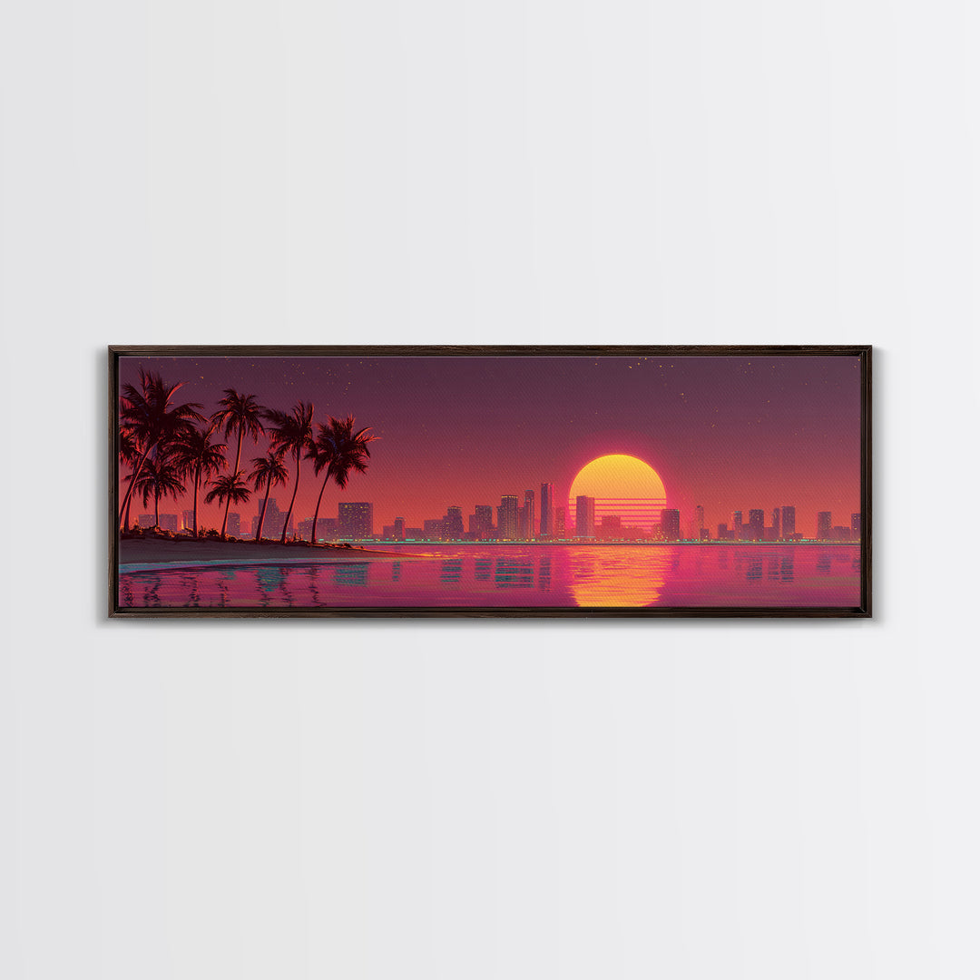 Retro Sunset City Skyline With Palm Trees Canvas Print, Synthwave Wall Art, Coastal Decor, Vaporwave Living Room Wall Decor