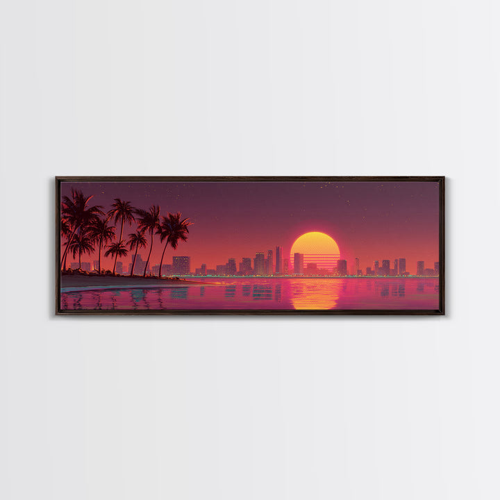 Retro Sunset City Skyline With Palm Trees Canvas Print, Synthwave Wall Art, Coastal Decor, Vaporwave Living Room Wall Decor
