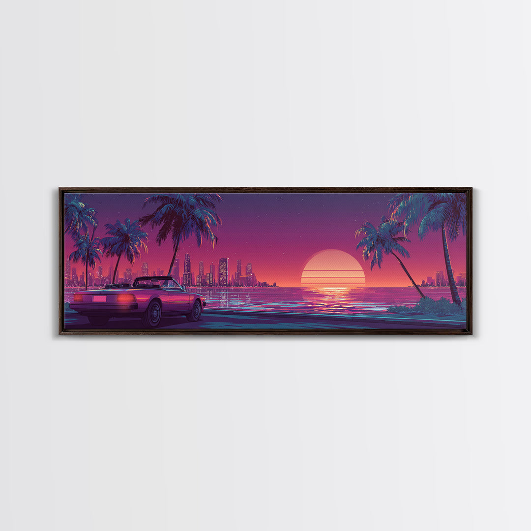 Neon Retro Sports Car On Palm Coast Canvas Print, Vaporwave City Wall Art, Synthwave Decor, Gift For Him, Man Cave Decor