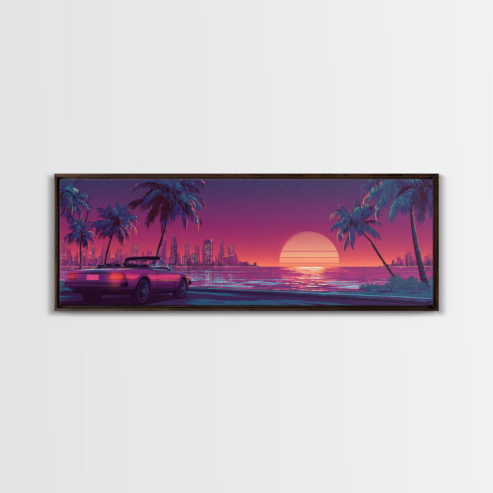 Neon Retro Sports Car On Palm Coast Canvas Print, Vaporwave City Wall Art, Synthwave Decor, Gift For Him, Man Cave Decor
