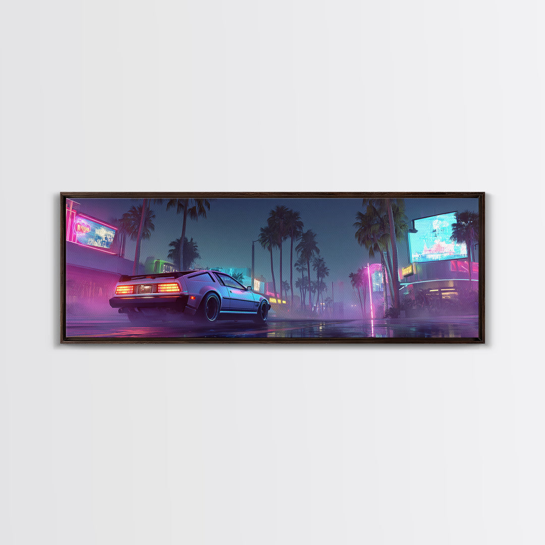 Neon Cyberpunk Sports Car Canvas Print, Futuristic Neon City Wall Art, Synthwave Gaming Room Decor, Vaporwave Gift For Him