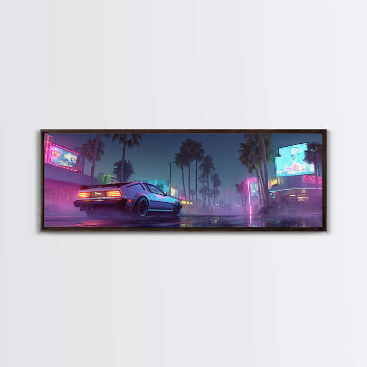 Neon Cyberpunk Sports Car Canvas Print, Futuristic Neon City Wall Art, Synthwave Gaming Room Decor, Vaporwave Gift For Him