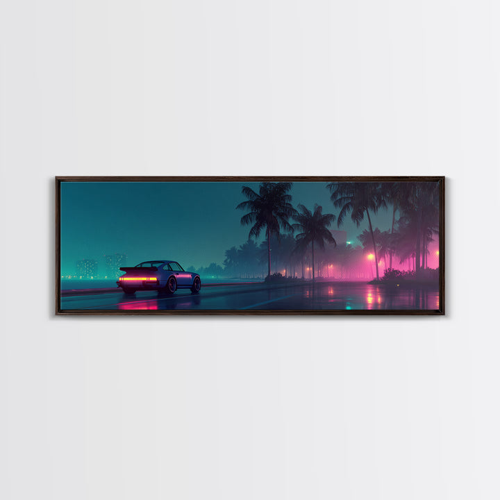 Neon Cyberpunk Sports Car Wall Art, Rainy Palm City Canvas Print, Futuristic Vaporwave Decor, Modern Gaming Room Gift For Him